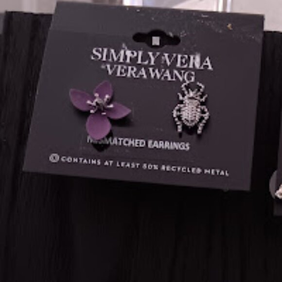 VERA WANG Goth Gunmetal Beetle + Purple Flower Mismatch Earrings**NEW! - Picture 2 of 3